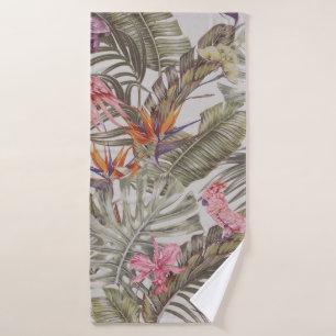 Tropical flowers,  palm leaves,  bird of paradise  bath towel