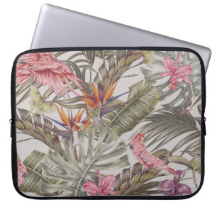 Tropical flowers, palm leaves, bird of paradise laptop sleeve