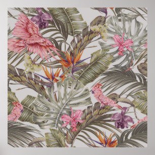 Tropical flowers, palm leaves, bird of paradise poster