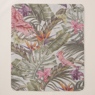 Tropical flowers,  palm leaves,  bird of paradise  sherpa blanket