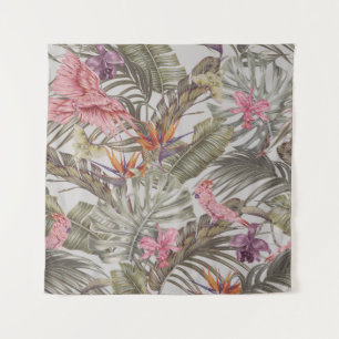 Tropical flowers, palm leaves, bird of paradise tapestry
