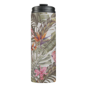 Tropical flowers, palm leaves, bird of paradise thermal tumbler