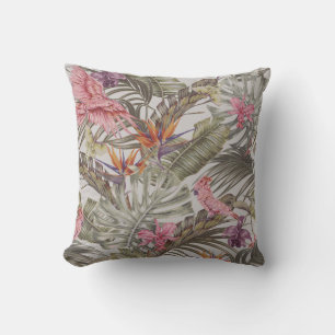 Tropical flowers, palm leaves, bird of paradise throw pillow
