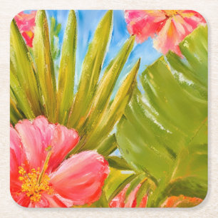 Tropical flowers, palms, Hawaii Square Paper Coaster