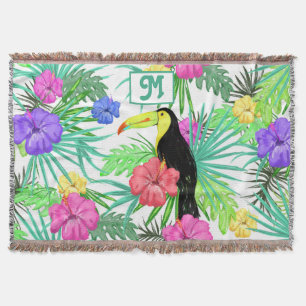 Tropical Flowers & Parrot Personalize Monogram Throw Blanket