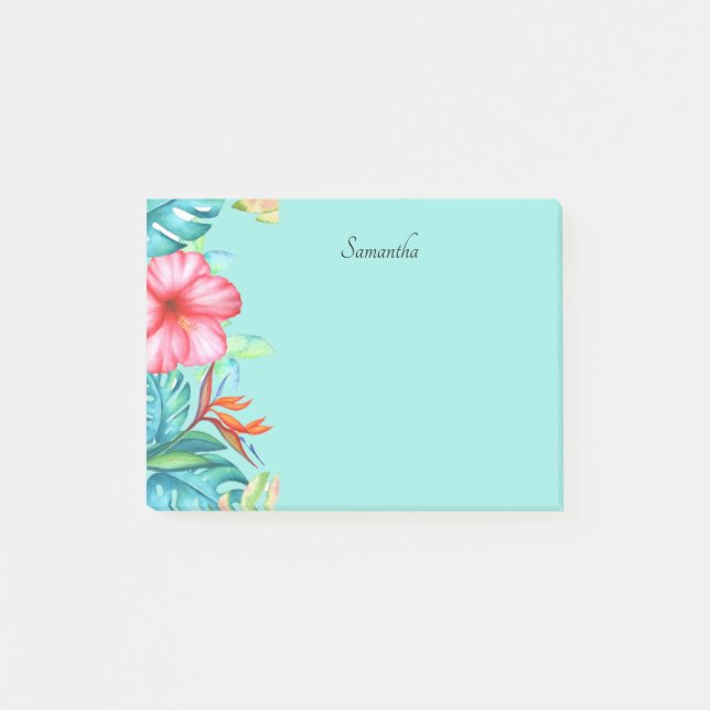 Tropical Flowers Personalized Teal 4x3 Post-it Notes (Front)
