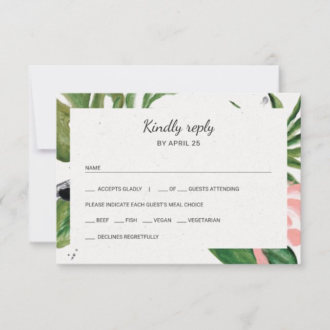 Tropical flowers photo meal choice wedding RSVP (Front)