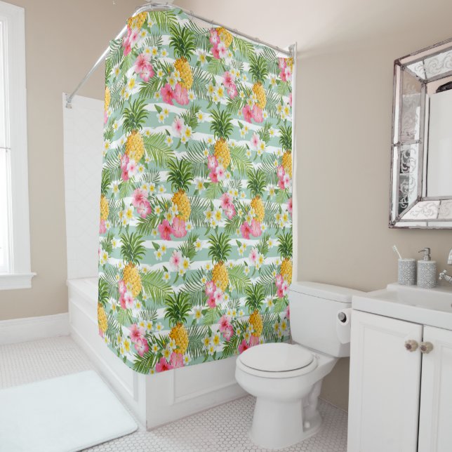 Tropical Flowers & Pineapple On Teal Stripes (In Situ)