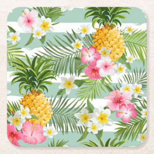Tropical Flowers & Pineapple On Teal Stripes 2 Square Paper Coaster