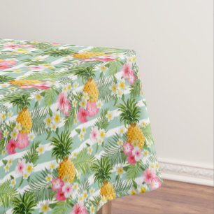 Tropical Flowers & Pineapple On Teal Stripes 2 Tablecloth
