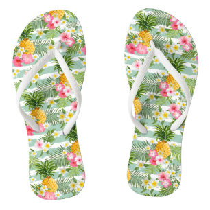 Tropical Flowers & Pineapple On Teal Stripes Flip Flops