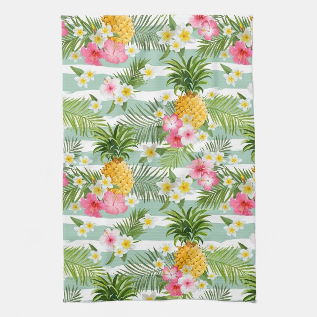 Tropical Flowers & Pineapple On Teal Stripes Kitchen Towel (Vertical)