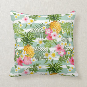 Tropical Flowers & Pineapple On Teal Stripes Throw Pillow