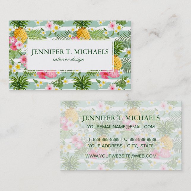 Tropical Flowers & Pineapple Stripes | Add  Name Business Card (Front/Back)