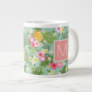 Tropical Flowers & Pineapples Add Your Initial Large Coffee Mug