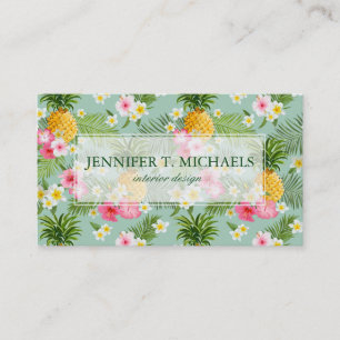 Tropical Flowers & Pineapples Monogram Business Card