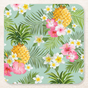 Tropical Flowers & Pineapples Square Paper Coaster