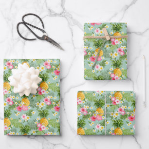 Tropical Flowers & Pineapples Wrapping Paper Sheet