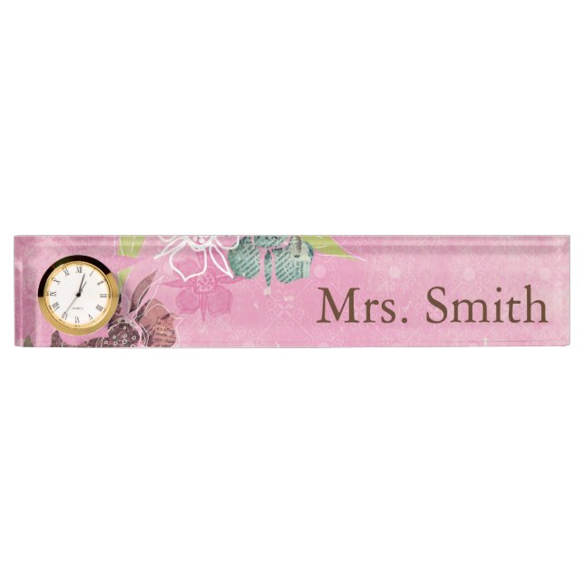 Tropical Flowers Pink Desk Name Tag Plate (Front)