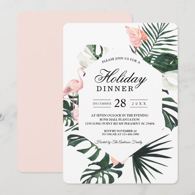 Tropical Flowers & Pink Flamingo Beauty Invitation (Front/Back)