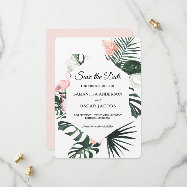 Tropical Flowers & Pink Flamingo Beauty Save The Date (Front/Back In Situ)
