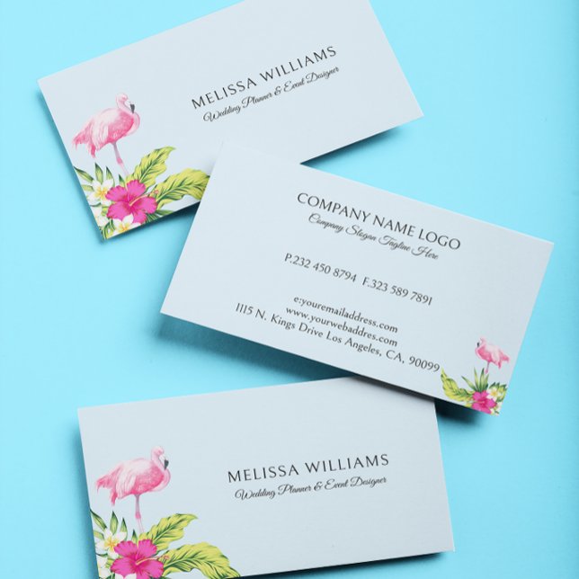 Tropical Flowers & Pink Flamingo On Blue Business Card (Creator Uploaded)