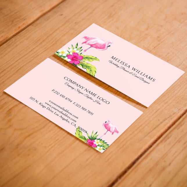 Tropical Flowers & Pink Flamingo On Pink Business Card (Creator Uploaded)