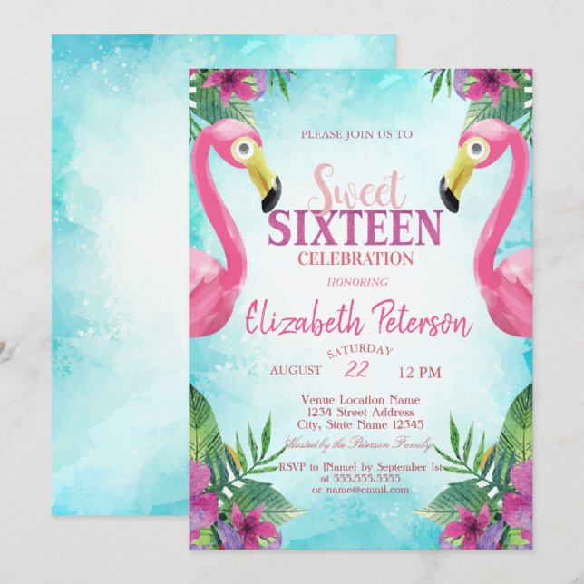 Tropical Flowers Pink Flamingos Sweet 16 Party Invitation (Front/Back)