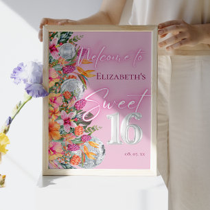 Tropical Flowers Pink Neon Glow Sweet 16 Welcome Poster