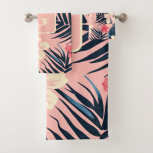 Tropical flowers pink personalized Monogram Bath Towel Set