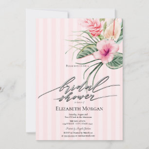 Tropical Flowers Pink Stripes Bridal Shower Invitation