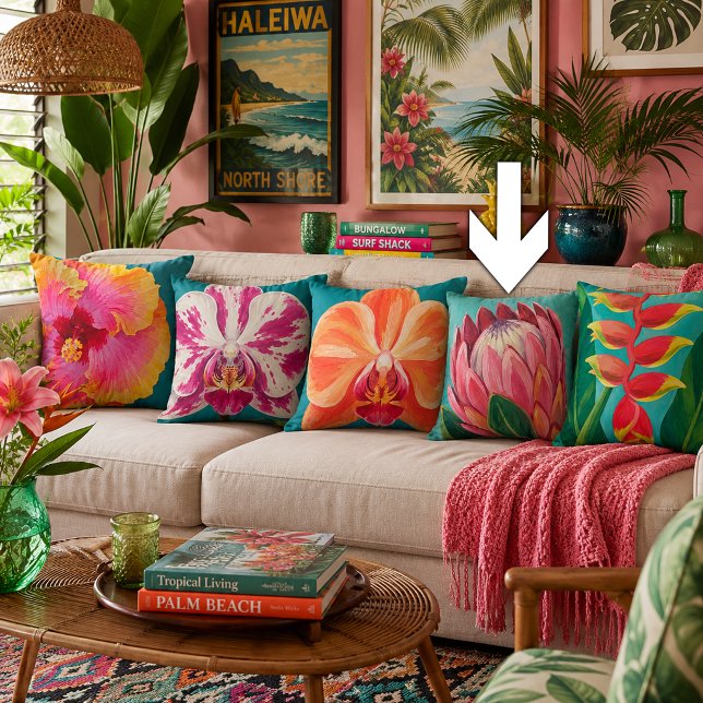 Tropical Flowers Protea Throw Pillow (Creator Uploaded)
