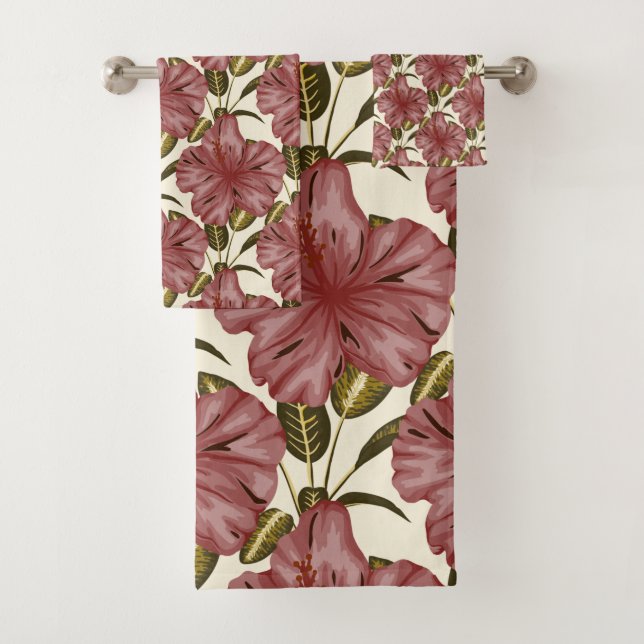 Tropical flowers seamless pattern | red flowers bath towel set (Insitu)