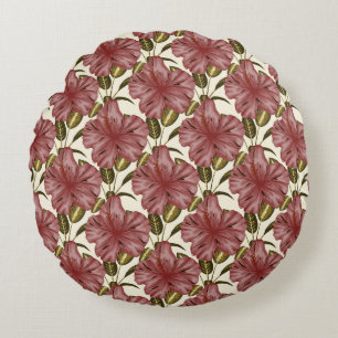Tropical flowers seamless pattern red flowers round pillow