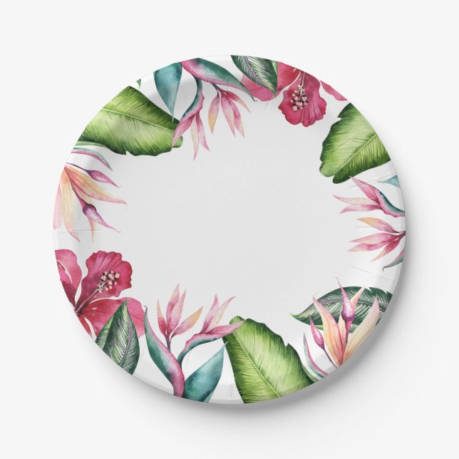 Tropical Flowers Summer Island Floral Leaves Paper Plate (Front)