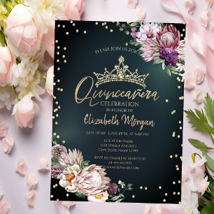 Tropical Flowers Tiara Diamonds Green Quinceañera Invitation