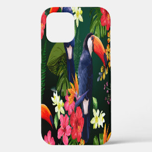 Tropical flowers, toucan: floral background. iPhone 12 case