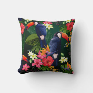 Tropical flowers, toucan: floral background. throw pillow