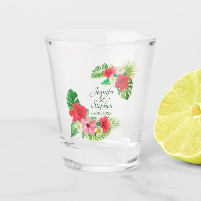 Tropical Flowers Watercolor Leaves Wedding Shot Glass (Front)