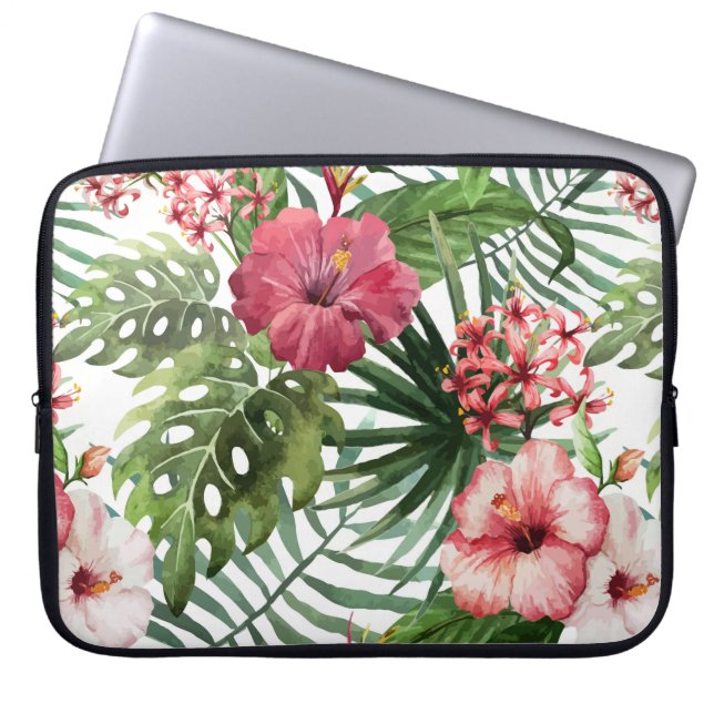 Tropical Flowers Watercolor Modern Fine Floral Laptop Sleeve (Front)
