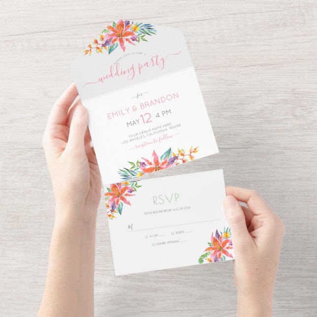 Tropical flowers wedding all in one invitation (Tearaway)