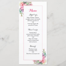 Tropical flowers wedding reception dinner menu