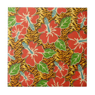 Tropical Flowers Wild Tiger Pattern Tile