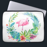 Tropical Flowers Wreath & Pink Flamingo Laptop Sleeve<br><div class="desc">Colourful watercolors illustration tropical flowers wreath and pink flamingo. White customizable background.</div>