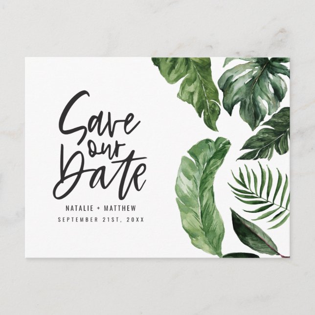 Tropical foliage and hand lettering wedding postcard (Front)