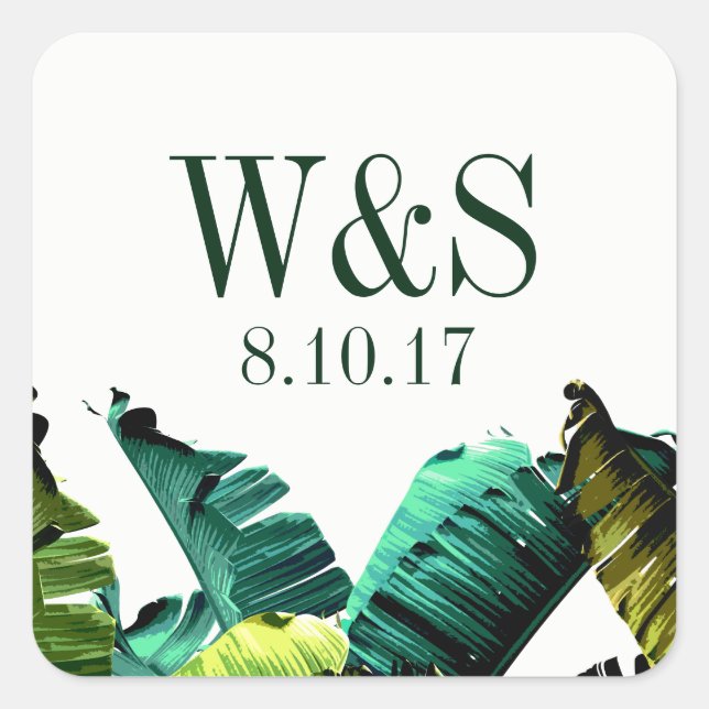 Tropical Foliage Banana Leaves | Personalized Square Sticker (Front)
