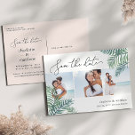 Tropical Foliage Beach Wedding Photo Save the Date Announcement Postcard<br><div class="desc">Announce your summer, destination or beach wedding with these tropical chic save the date postcards featuring three square photos aligned side by side. Tropical palm leaves in green watercolor appear at the corners, with "save the date" and your wedding details in an elegant mix of modern hand lettered script and...</div>