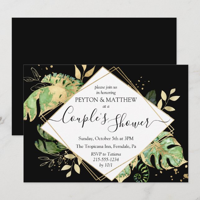 Tropical Foliage Black & Gold Couple's Shower Invitation (Front/Back)