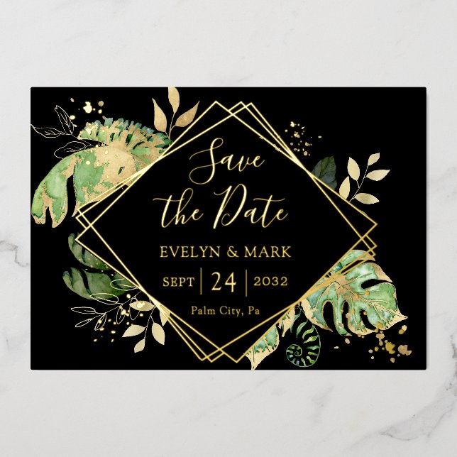 Tropical Foliage Black & Gold Foil Save the Date (Front)