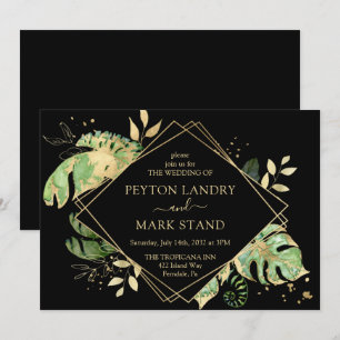 Tropical Foliage Black & Gold Geometric Wedding Invitation